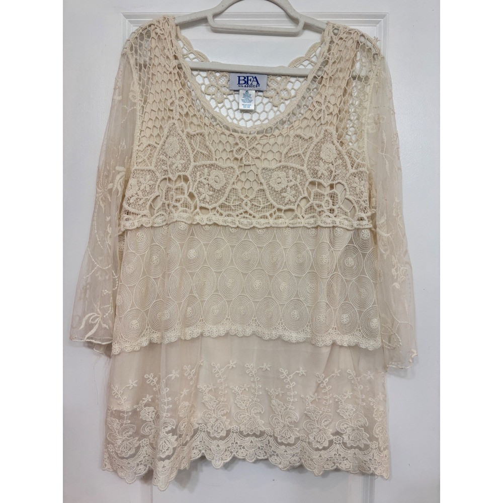 Cream Lace Crochet Tiered Tunic Top XL Sheer 3/4 Sleeve Boho Floral